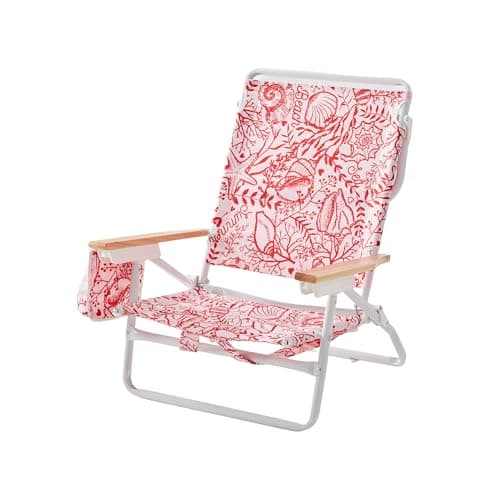 DEER LAND 5-Position Low Beach Chair, Portable Lightweight Folding Beach Chair with Wooden Armrests, Storage Pouch & Carry Strap, Coastal Beach Print – Reef Crimson - Image 1