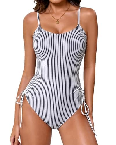 IEEILULU Women One Piece Swimsuits Sleeveless Cutout Back Spaghetti Straps Bathing Suit Tummy Control Swimsuit with Chest Pad Black Striped L - Thumbnail 5