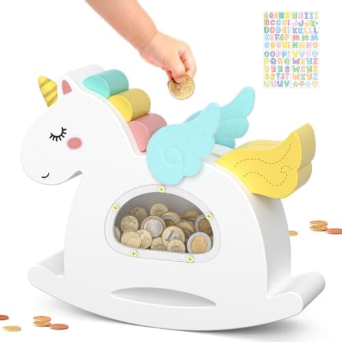 Summidate Unicorn Piggy Bank for Girls,Wooden Coin Banks for Kids Toddlers,Unbreakable Wood Rocking Saving Box, Personalized Present Toys for Child Birthday & Decor - Image 1