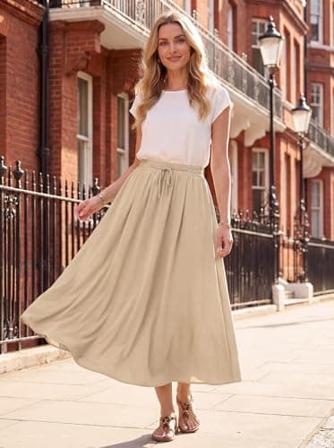 HiMONE Womens Summer Long Chiffon Skirt Elegant High Waist Flowy A-Line Midi Silk Skirts for Cocktail Party Wedding Khaki M - Thumbnail 6