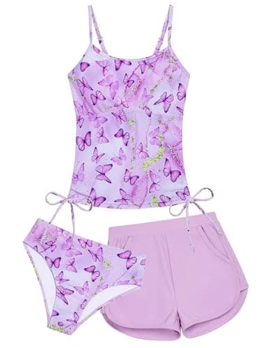 Seanrui Girls Bathing Suits Size 7-8 Girls Swimsuit Drawstring Tankini Swimwear 3 Piece Set with Pockets Shorts - Image 1