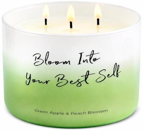 Green Apple Peach Blossom Scented Soy Candle - Large 3-Wick Aromatherapy Candle for Home, 15.8oz - Fresh Fruity Scent - “Bloom Into Your Best Self” Quote - Inspirational Home Decor Gift - Image 1