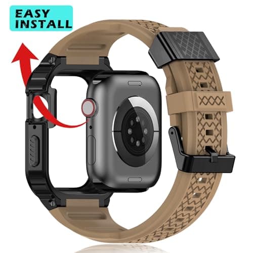 Deczone Band with Stainless Steel Case Compatible with Apple Watch Series 9 8 7 SE 3 2 1/6 5 4 S 3 2 1 41mm 40mm 38mm Band, iwatch Bands Rugged Protective Metal Cover for Men (Tan) - Thumbnail 5