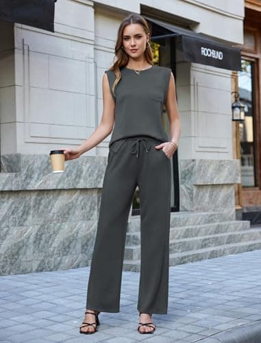 difficort Womens 2 Piece Outfits Round Neck Vest Sleeveless Tops Straight Leg Pants Matching Outfits,Dark Grey,Large - Thumbnail 5