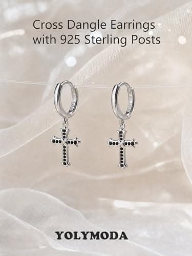 Silver Cross Earrings for Women Men - YOLYMODA Trendy Dainty Small Silver and Black Dangle Cross Hoop Earrings with CZ Charm, Chic Faith 925 Sterling Silver Post Religious Dangling Huggie Hoops - 1.16" Long - Thumbnail 3