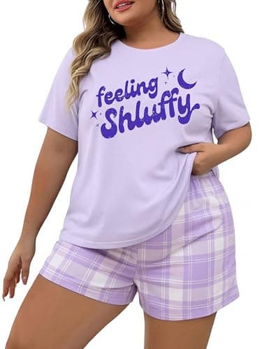 NANYUAYA Plus Size Women's Pajama Set, Soft Sleep Tops & Lounge Shorts with Pockets 2-Piece Sleepwear for Women Light Lavender - Image 1