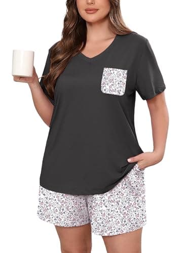 AusLook Plus Size Pajama Set for Women 2 Piece V Neck Short Sleeve Loungewear 4X Set with Pajama Printed Shorts Summer Sleepwear Loose Fit 1X-5X