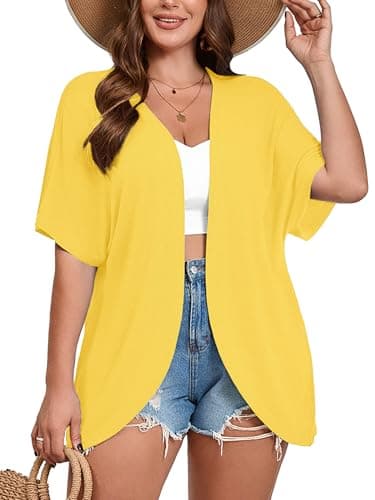 AusLook Women's Plus Size Short Sleeve Lightweight Open Front Cardigan Bright Yellow 2X Cover Ups Shrugs Shawls and Wraps Kimono Jacket Coat - Image 1