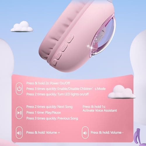 esonstyle Kids Headphones Cat Ear - Bluetooth 5.4 Over-Ear Noise Cancelling Headphones with Microphone LED Lights Up 85dB Safe Volume Limit Wireless or 3.5mm Wired USB C for Travel iPad Tablet (Pink) - Thumbnail 6
