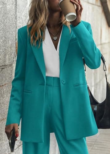 KIRUNDO Women Suits 2 Piece Set Business Casual Dressy Oversized Blazer Jacket and Wide Leg Dress Pantsuits Formal Outfits(Blue Green, XX-Large) - Thumbnail 5