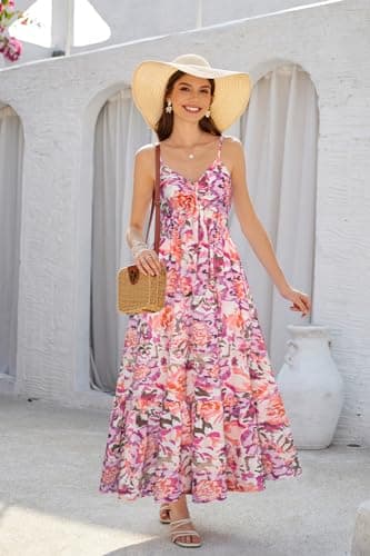 GRACE KARIN Women's Summer Boho Spaghetti Strap V Neck Casual Flowy Long Dress Beach Swing Party Maxi Dress - Thumbnail 3