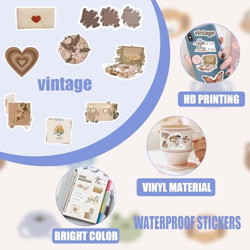 120Pcs Vintage Stickers, Waterproof Scrapbook Aesthetic Sticker for Daily Planner, Water Bottles, Handbook Junk Diary Stickers, Adults Scrapbooking Journaling Supplies DIY Paper Crafts - Thumbnail 6