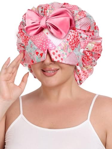 Vettres Double Layer Satin Bonnet for Sleeping with Detachable Eye Mask Adjustable Night Cap for Curly, Natural, Braided Hair Reduces Frizz & Locks in Moisture Pink Strawberry - Image 1