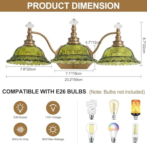 PUAMUBUA Vintage Bathroom Vanity Light Fixtures, 3-Light Brass Light Fixtures Over Mirror with Green Crystal Glass Flower Shade, Mid Century Farmhouse Wall Mount Lighting for Living Room, Kitchen - Thumbnail 3