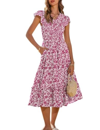 GRACE KARIN Casual Summer Dress for Women 2026 V-Neck Short Sleeve Smocked Midi Dress Rose Red Floral L - Image 1