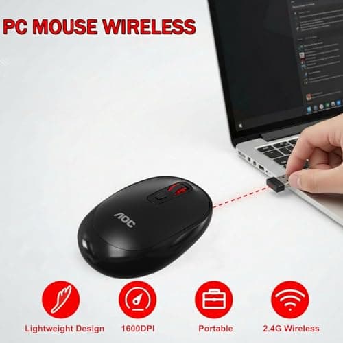AOC Wireless Mouse, 2.4G Optical Mice with Nano Receiver, Portable Design with Textured Grip, 1600 DPI Adjustable Cordless Mouse Compatible with Notebook, PC, Laptop Black MS400 - Thumbnail 2