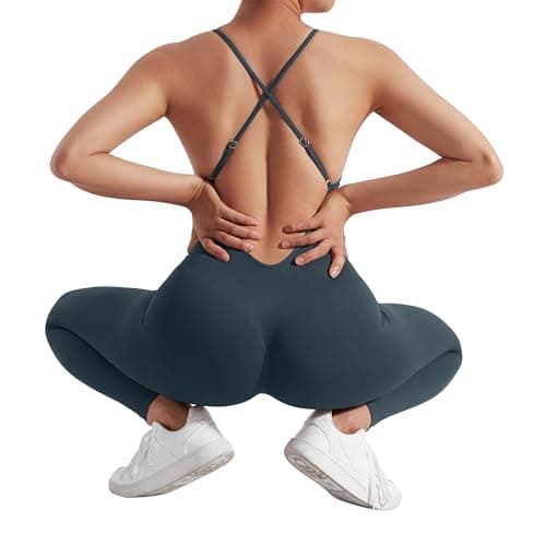 MOOSLOVER Women Strappy Backless One Piece Jumpsuits Tummy Control Padded Workout Rompers(XL,#1 Navy Blue) - Thumbnail 3