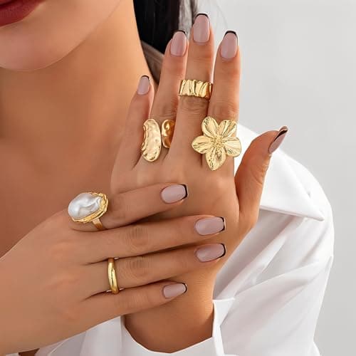FAXHION Gold Rings for Women Non Tarnish Statement Flower Ring Set, 14K Gold Plated Stackable Open Stacking Rings, Knuckle Trendy Ring Jewelry Valentine's Day Gifts, 12PCS - Thumbnail 3