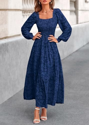 KIRUNDO Wedding Guest Dresses for Women 2026 Fall Long Sleeve Smocked Floral Flowy Spring Baby Shower Maxi Dress Pockets (Navy, X-Large) - Thumbnail 4