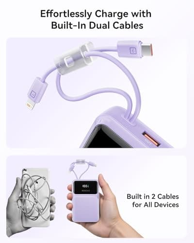 Kuulaa Portable Charger with Built in Cables 20000mAh, Travel Power Bank with LED Display, 22.5W Fast Charging Battery Pack for iPhone 17 16 15 14 13 12 Android, Purple - Thumbnail 4