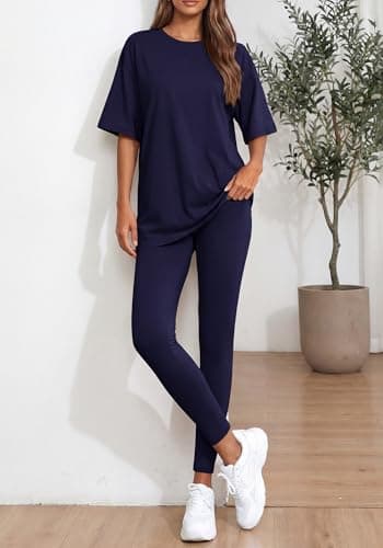 BTFBM Two Piece Lounge Set Women 2026 Spring Casual Oversized Shirts Leggings Matching Workout Airport Travel Outfits(Navy Blue, Small) - Thumbnail 2