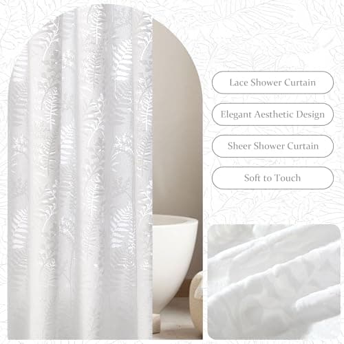 Lameirose Extra Long White Shower Curtain Fabric, Lace Shower Curtain 72 x 84 Tufted Tropical Plant Textured Shower Curtains Shabby Chic Home Decor for Bathroom - Thumbnail 2