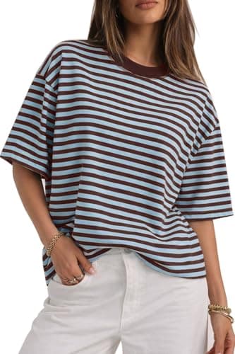 CHYRII Womens Oversized Striped T Shirts Crewneck Short Sleeve Loose Fit Casual Fashion Summer Y2K Tops (Blue+Coffee M) - Image 1