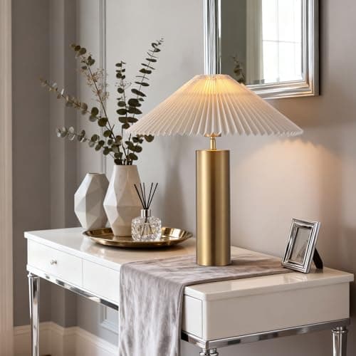 YJSQOEOE Modern Table Lamp with Pleated Blade Lampshade and Cylindrical Base, E26 Bulb Compatible, Contemporary Accent Light for Living Room, Bedroom, Office (Gold) - Thumbnail 6