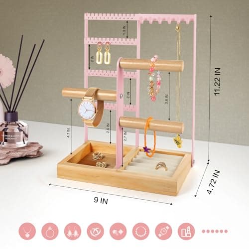 Godboat Jewelry Organizer - Earring Holder with 48 Holes, 6 Hooks Necklace Organizer, Bracelet and Ring Stand with Jewelry Box, Mothers Day Gifts for Women, Mom, Preppy Stuff & Room Decor, Pink - Thumbnail 6