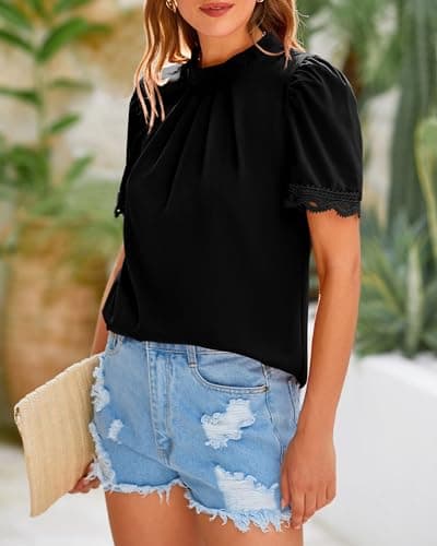 BTFBM Women's Dressy Casual Blouses Business Work Tops Lace Trim Short Sleeve Office Shirts 2025 Summer Spring Outfits(Black, Small) - Thumbnail 6