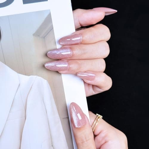 Nude Press On Nails Cat Eye - Almond Soft Gel Flexible Nails with Subtle Shimmer, Long-Lasting Chip-Free Reusable Manicure for Women DIY Nail Art, 24Pcs Nail Kit with Glue, Tabs, File, Prep Pad, Stick - Image 1