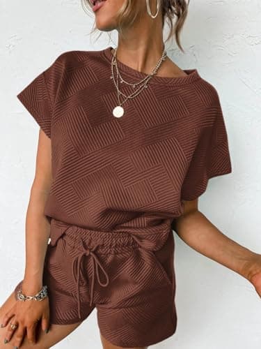 Tankaneo Womens Loungewear Set Short Sleeve Tops and Shorts 2 Piece Outfits Matching Lounge Pajama Set with Pockets Coffee - Thumbnail 3