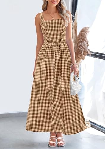 PRETTYGARDEN Women's 2026 Summer Spaghetti Strap Maxi Dresses Plaid Square Neck A Line Casual Beach Vacation Long Sundress (Coffee,Medium) - Thumbnail 3