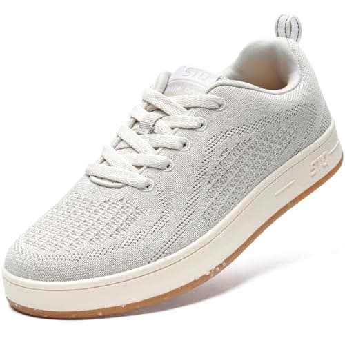 STQ Casual Shoes for Women Trendy Lace Up Sneakers Comfortable Breathable Mesh Business Shoes Beige Size 7 - Image 1