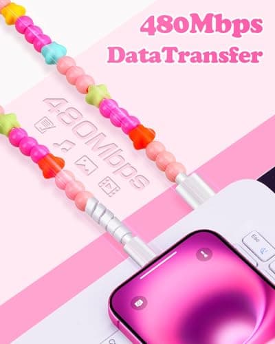 JAKPAK USB Cable for iPhone Beaded Phone Charger 66W Fast Charging Data Transfer 3.3FT Stylish Durable Anti-Tangle USB Charging Cord Women Girls for iPhone 14 13 12 11 XR R iPad Airpods Car - Thumbnail 5