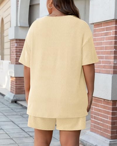 Charmo Short Sets for Women Plus Size Summer Outfits Short Sleeve Tops Elastic Waisted Shorts Matching Pajama Sets Apricot 1X - Thumbnail 3