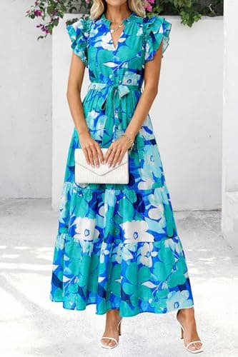 dowerme Women Summer Maxi Dresses 2026 Ruffle Sleeve V Neck Floral Boho Long Dress Belted Tiered Sundress with Pockets(Floral Blue Green,Small) - Thumbnail 3