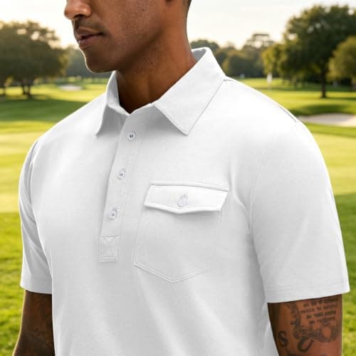 JEMLDL Mens Polo Shirts Short Sleeve Golf Tennis Shirt Quick Dry Collared Casual Work Tops with Pocket 4 Button Placket Tops White XL - Thumbnail 2