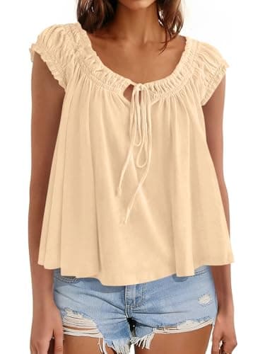 Beloyoni Womens Summer Babydoll Flowy Tank Tops Tie Front Ruffle Cap Sleeve Blouses Cute Going Out Dressy Shirts Beige M - Image 1