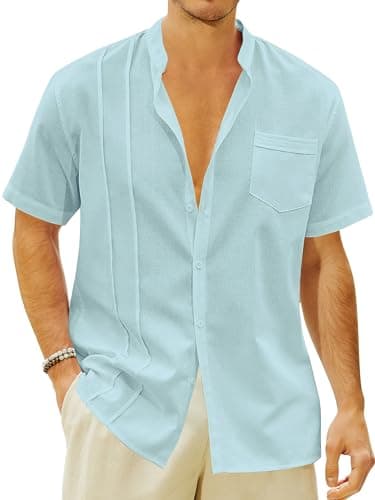 Mens Casual Button Shirts Cotton Linen Summer Beach Short Sleeve Tops for Lounge Vacation Mint Blue - Image 1