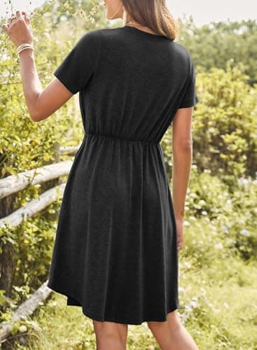 Dokotoo Womens Dresses Spring Summer Resort Wear 2026 Drawstring Waist Cute Babydoll Tunic Dress Casual Short Sleeve Mini Dress Holiday Outfits Sundress Shift Dress Plus Size Black Dresses for Women S - Thumbnail 2
