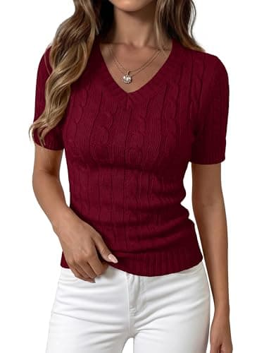 PRETTYGARDEN Womens Summer Short Sleeve Sweater Cable Knit V Neck Sweaters Shirts Fitted Work Tops Business Casual Outfits(Burgundy,X-Large) - Image 1
