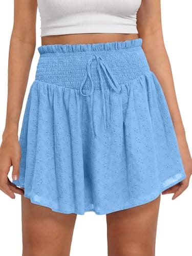 Caracilia Womens Summer Eyelet Mini Skirts High Waist Smocked Layered Ruffle Cute Boho Short Skorts 2026 Casual Beach Outfits Light Blue Small - Image 1