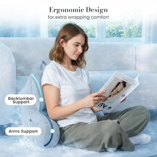 Amélie Home Premium Cooling Waffle Reading Pillow, Qmax>0.37 Ergonomic Backrest Support with Pocket & Handle, Breathable Lounging Pillow for Bed Sofa Floor Summer, 17 Inches, Sky Blue - Thumbnail 3