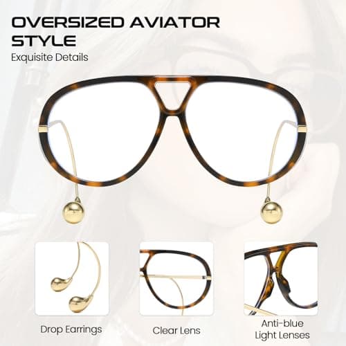 SODQW Oversized Aviator Blue Light Blocking Glasses Women with Earring Trendy Large Big Double Bridge Designer Eyewear - Thumbnail 4