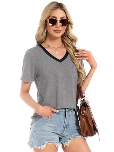 Womens Summer Tops Short Sleeve V Neck T Shirts Loose Fit Blouses Work Plus Size Tunic Vacation Boho Outfits, Grey/Black 3XL - Thumbnail 5