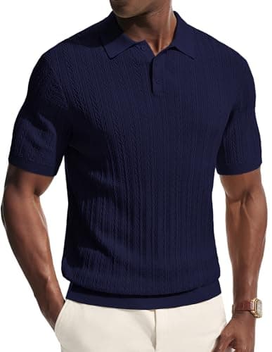 PJ PAUL JONES Mens Short Sleeve Knit Polo Shirts Casual Textured Polo Golf Shirts Summer Beach Shirt Navy Blue XL - Image 1