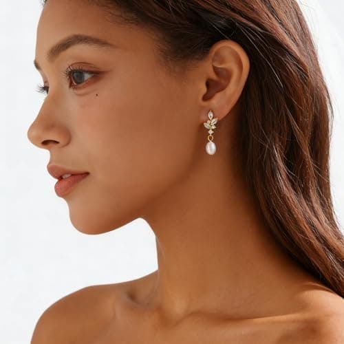 Solistra Pearl Earrings for Women Dainty Diamond Pearl Drop Dangle Earrings 14k Gold Plated for Weddings Bridesmaid Gifts - Thumbnail 2