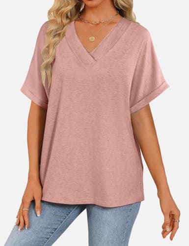 GKBK Womens Short Sleeve T Shirts V Neck Loose Fit Shirts Summer Casual Basic Tee Tops Rose XXL - Thumbnail 2