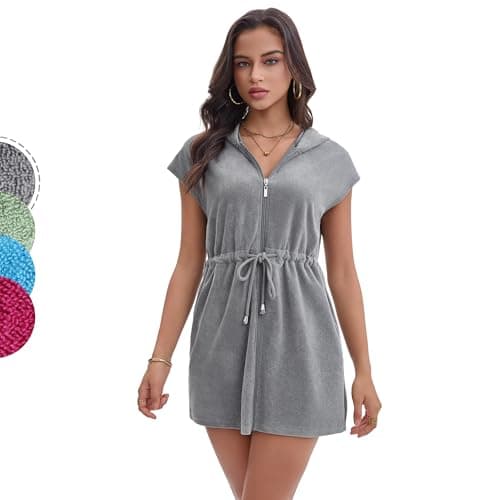 Navisting Terry Cloth Swim Cover Up for Women UPF 50+ Hooded Beach Swimsuits Cotton Robes Cover-up with Zipper Pockets Sun Protection Beach Swimwear Charcoal Gray L - Image 1